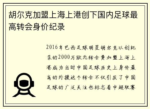 胡尔克加盟上海上港创下国内足球最高转会身价纪录 胡尔克加盟上海上港创下国内足球最高转会身价纪录